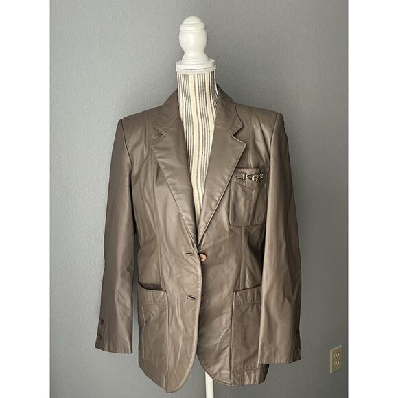 Vintage Etienne Aigner Mushroom Neutral Leather Blazer Jacket Woman's Size 10 - Picture 1 of 5